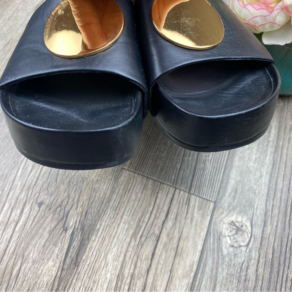 Tory Burch Black Leather Slide Sandals with Gold Medallions - Picture 9 of 12